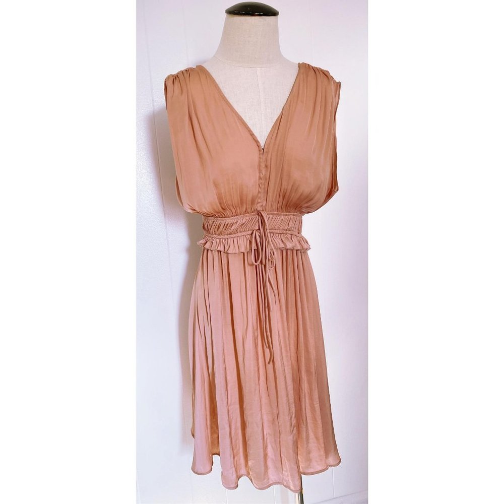 H&M Silky Crepe Peach Pink V Neck Gathered Dress